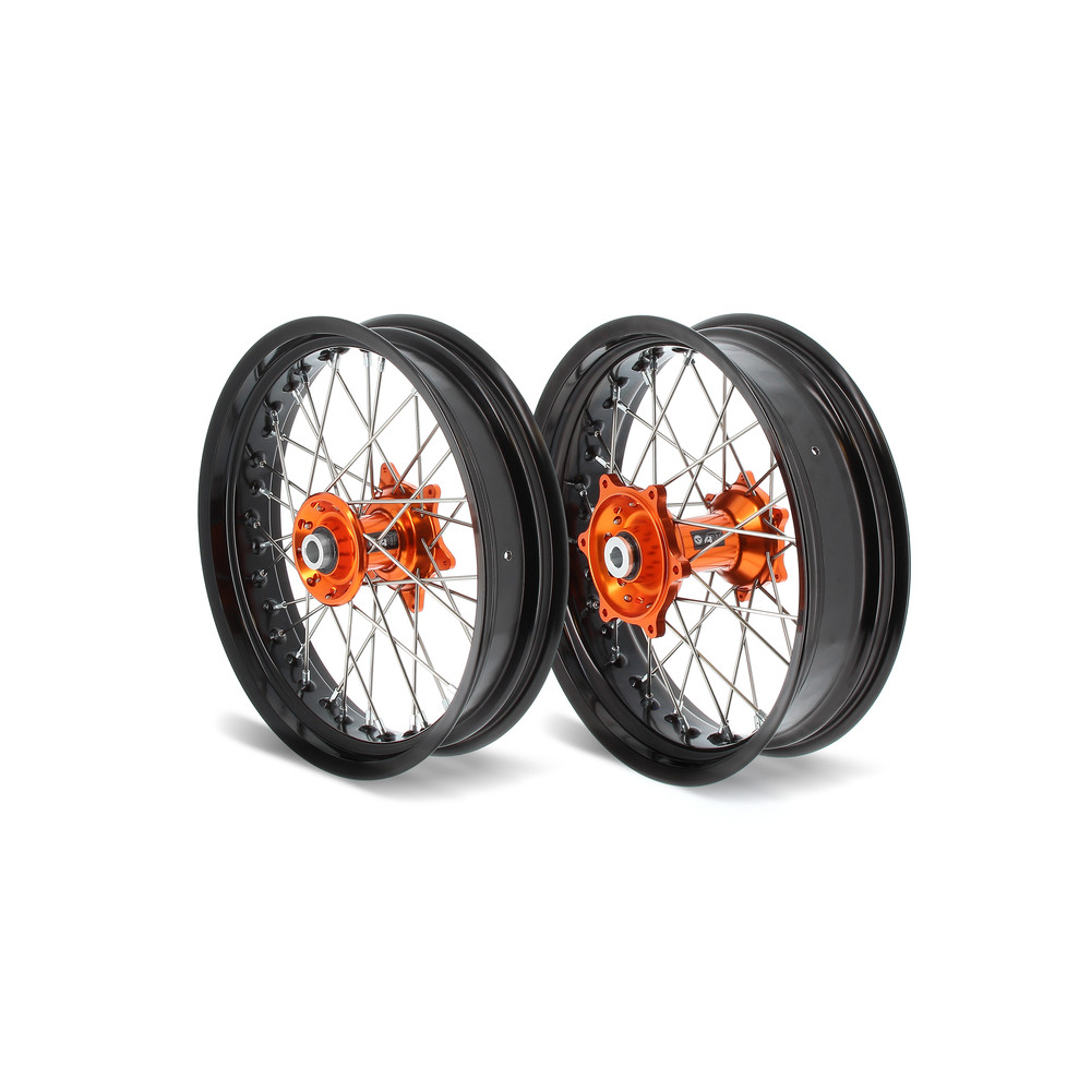 Kit roues complètes avant + arrière ART SM 17x3,50/17x4,50 jante noir/moyeu orange KTM