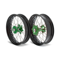 Kit roues complètes avant + arrière ART SM 17x3,50/17x4,50 jante noir/moyeu vert Kawasaki