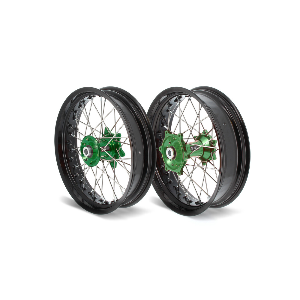 ART SM Complete Front + Rear Wheel 17x3,50/17x4,50 Black Rim/Green Hub Kawasaki